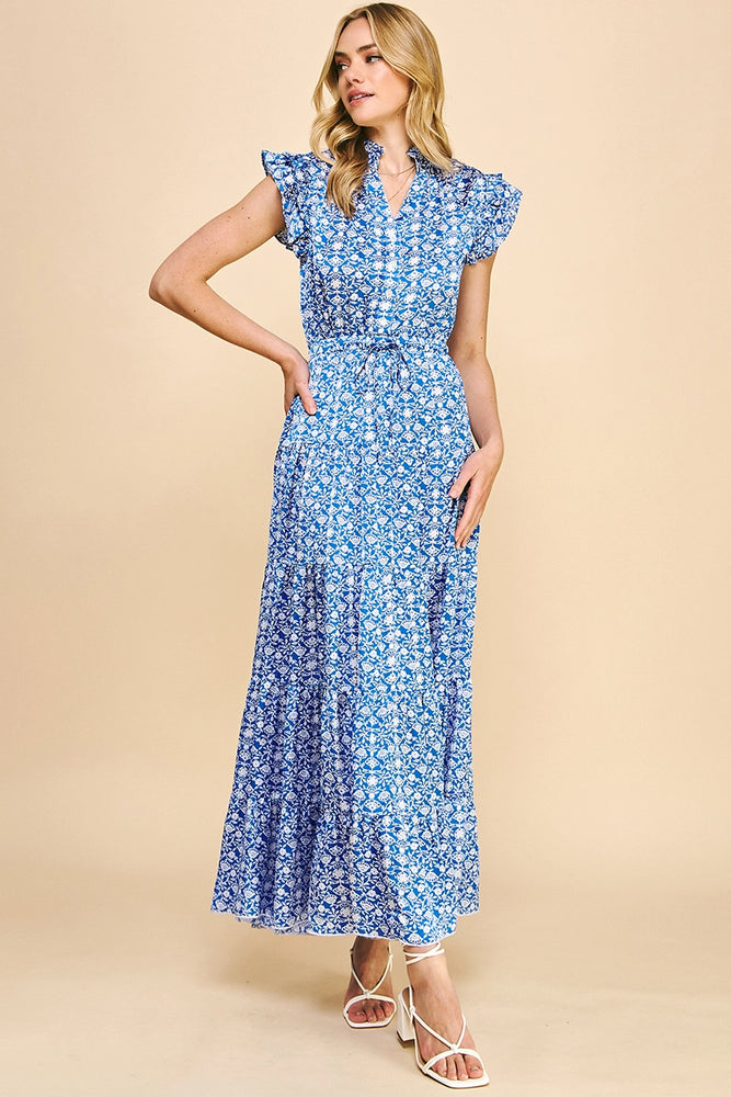 Print Satin Tiered Maxi Dress - Blue