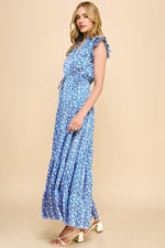 Print Satin Tiered Maxi Dress - Blue