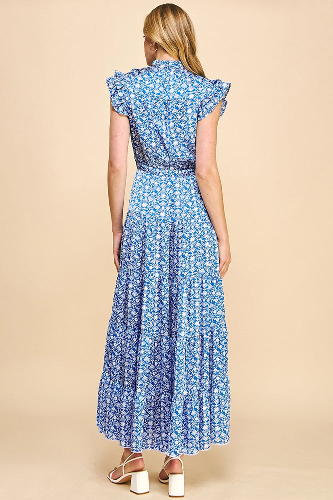 Print Satin Tiered Maxi Dress - Blue