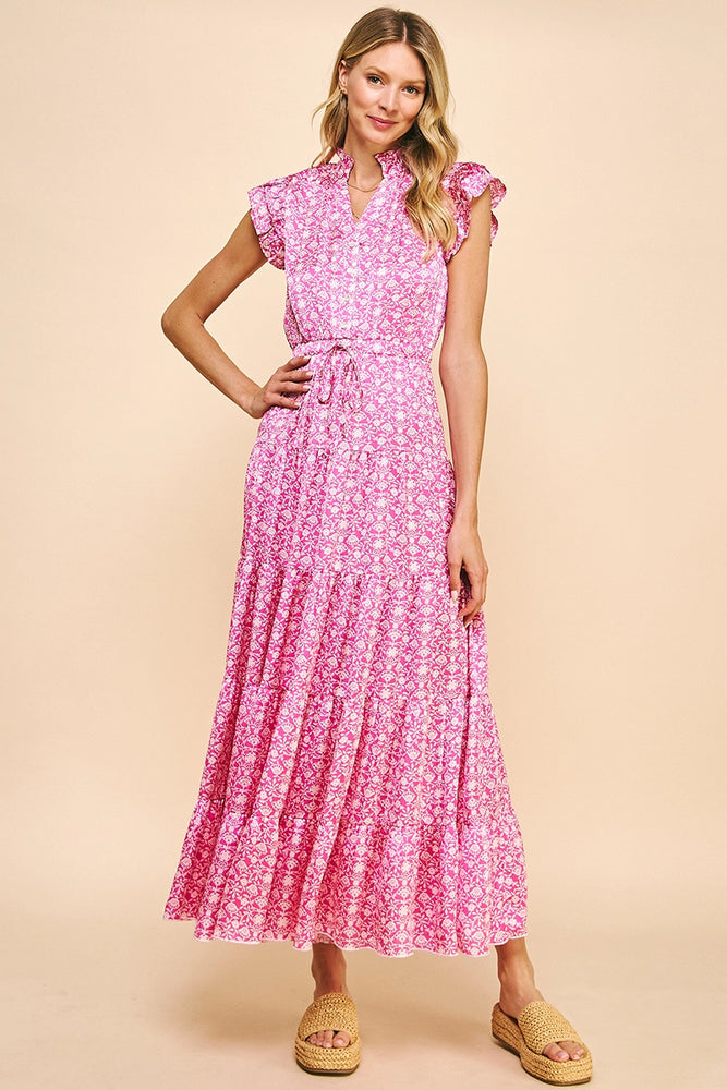 Print Satin Tiered Maxi Dress - Pink