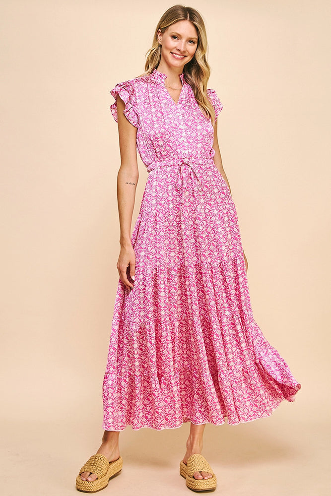 Print Satin Tiered Maxi Dress - Pink