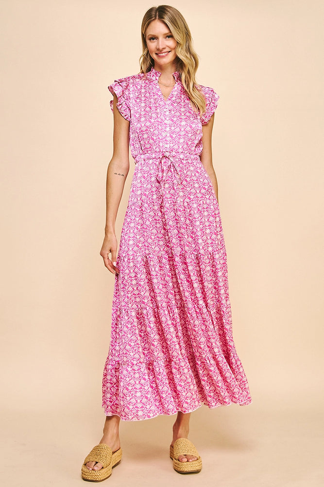 Print Satin Tiered Maxi Dress - Pink