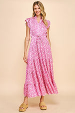 Print Satin Tiered Maxi Dress - Pink