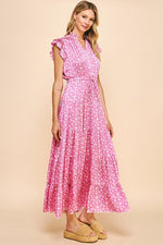 Print Satin Tiered Maxi Dress - Pink