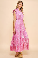 Print Satin Tiered Maxi Dress - Pink