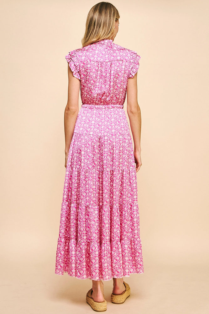 Print Satin Tiered Maxi Dress - Pink