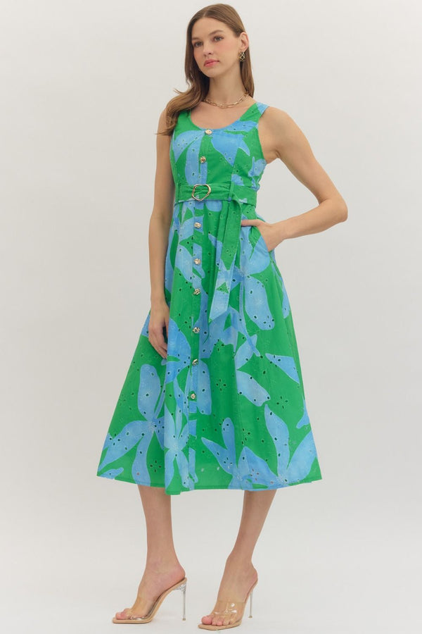 Botanical Print Sleeveless Midi Dress
