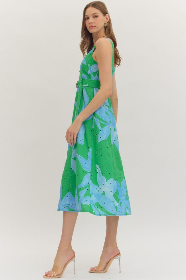 Botanical Print Sleeveless Midi Dress