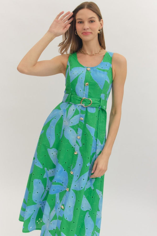 Botanical Print Sleeveless Midi Dress