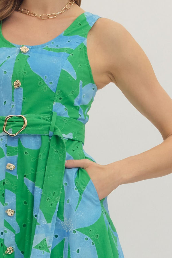Botanical Print Sleeveless Midi Dress