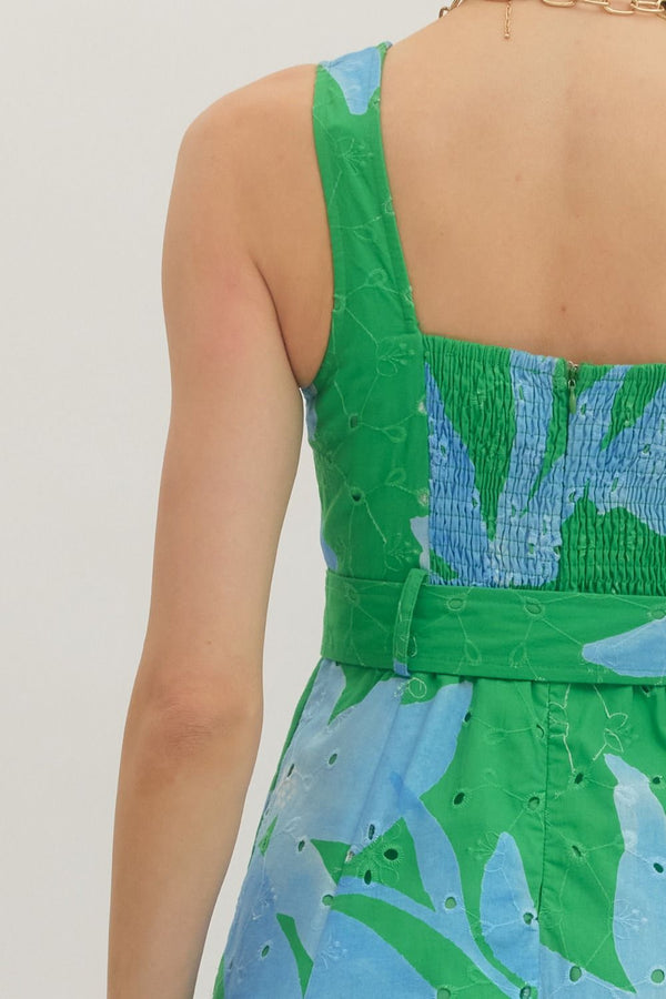 Botanical Print Sleeveless Midi Dress