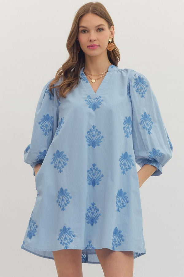 Chambray Embroidered Puff Sleeve Mini Dress