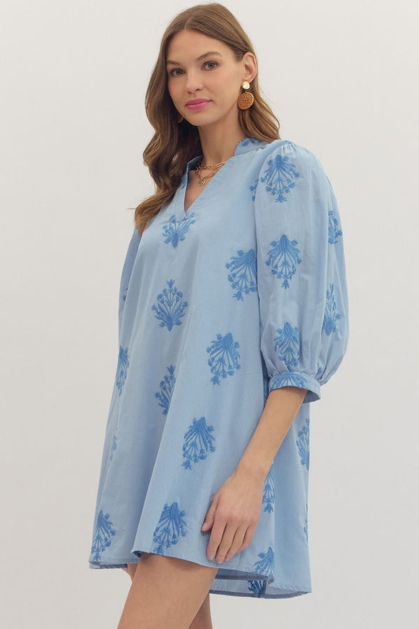 Chambray Embroidered Puff Sleeve Mini Dress