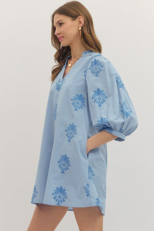 Chambray Embroidered Puff Sleeve Mini Dress
