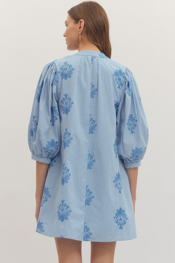 Chambray Embroidered Puff Sleeve Mini Dress