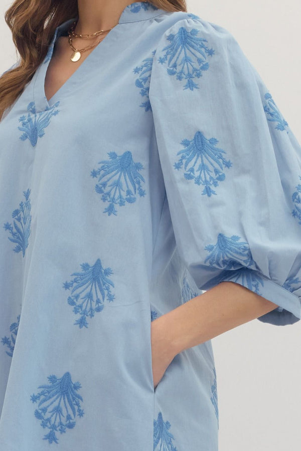 Chambray Embroidered Puff Sleeve Mini Dress