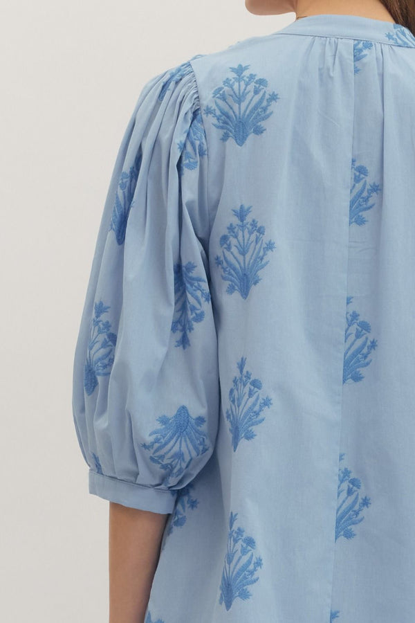 Chambray Embroidered Puff Sleeve Mini Dress