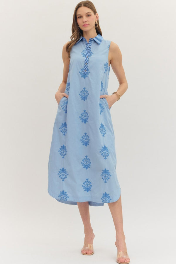 Botanical Chambray Embroidery Sleeveless Midi Dress