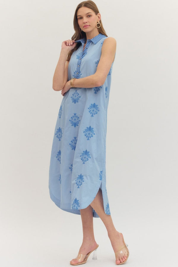 Botanical Chambray Embroidery Sleeveless Midi Dress
