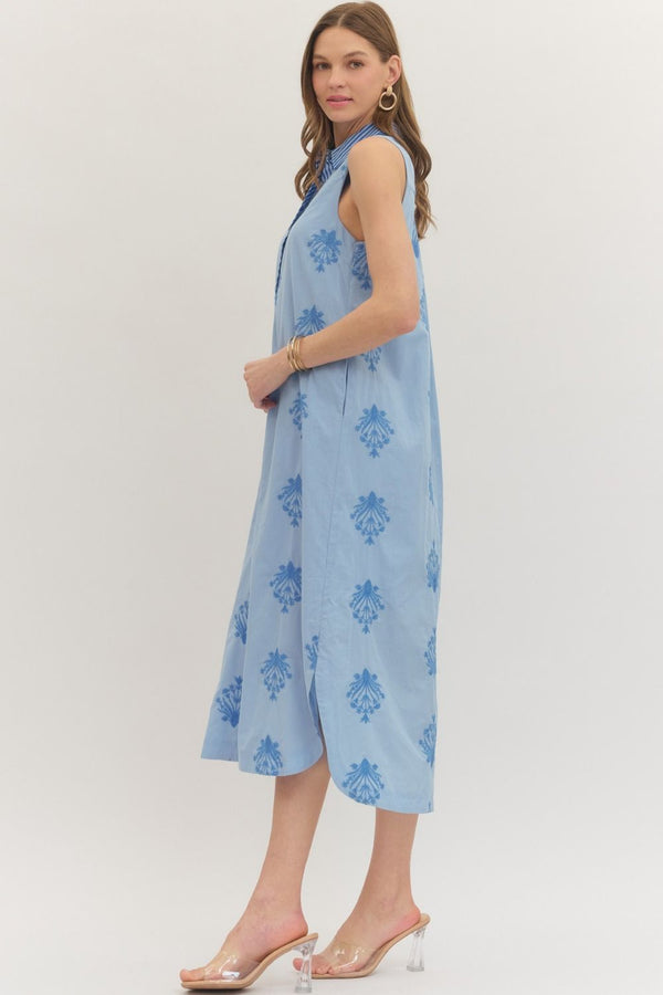 Botanical Chambray Embroidery Sleeveless Midi Dress