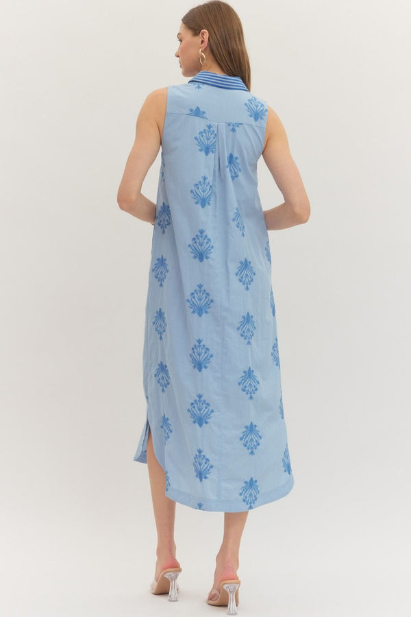 Botanical Chambray Embroidery Sleeveless Midi Dress