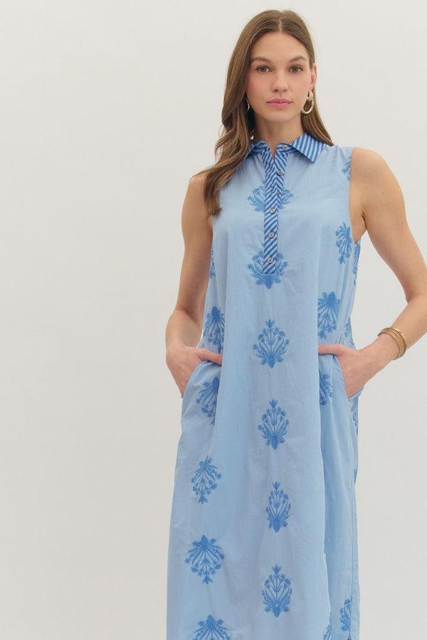Botanical Chambray Embroidery Sleeveless Midi Dress