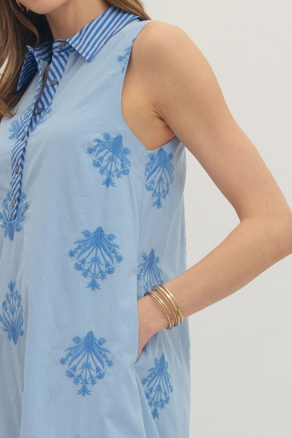 Botanical Chambray Embroidery Sleeveless Midi Dress