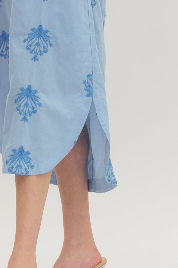 Botanical Chambray Embroidery Sleeveless Midi Dress
