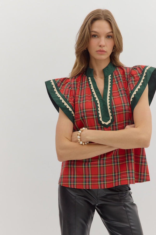 Plaid Scallop Trim Flutter Sleeve Top