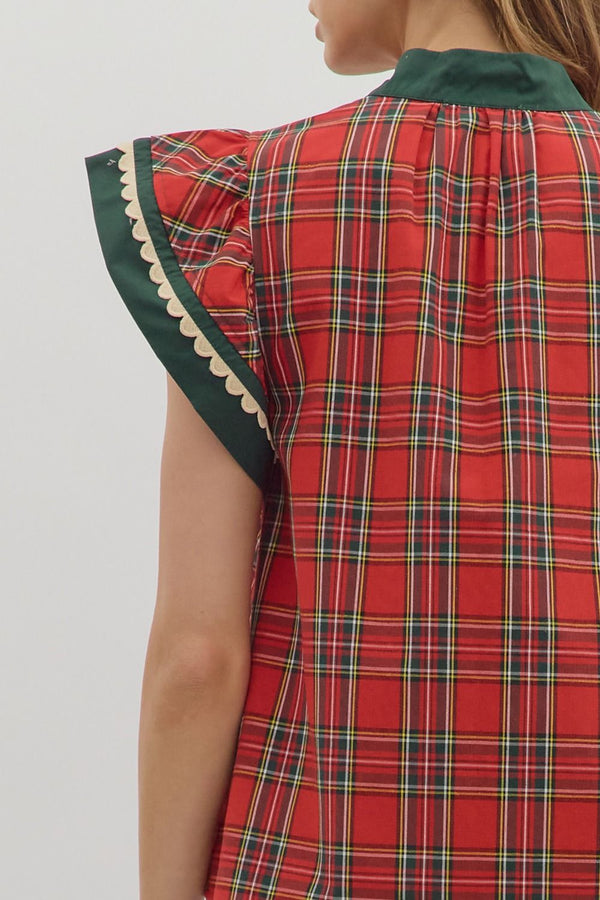 Plaid Scallop Trim Flutter Sleeve Top