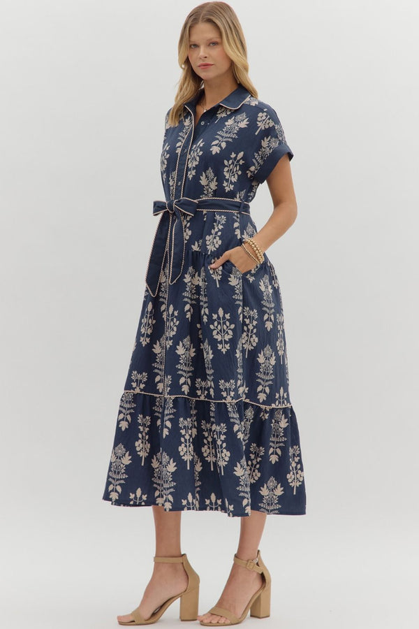 Navy Botanical Midi Dress