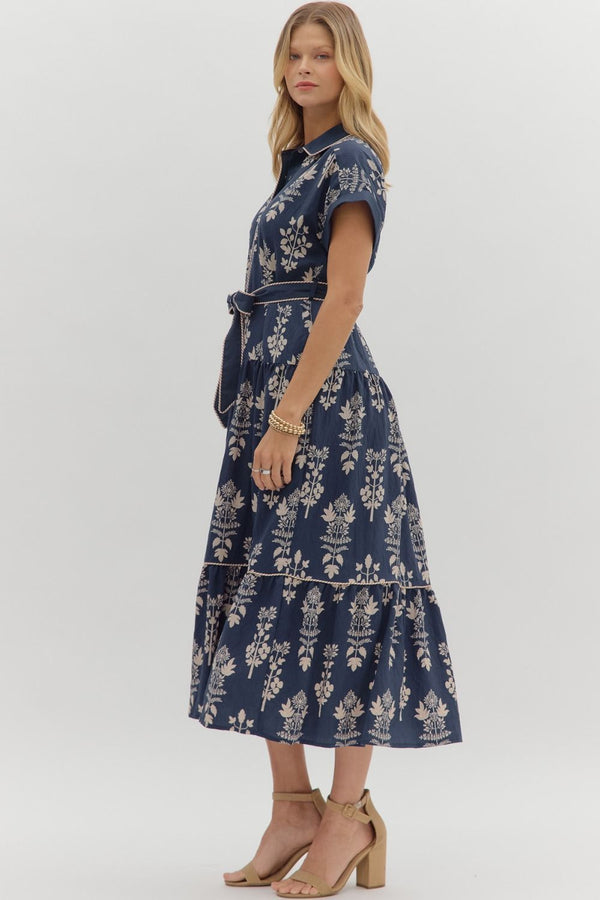 Navy Botanical Midi Dress