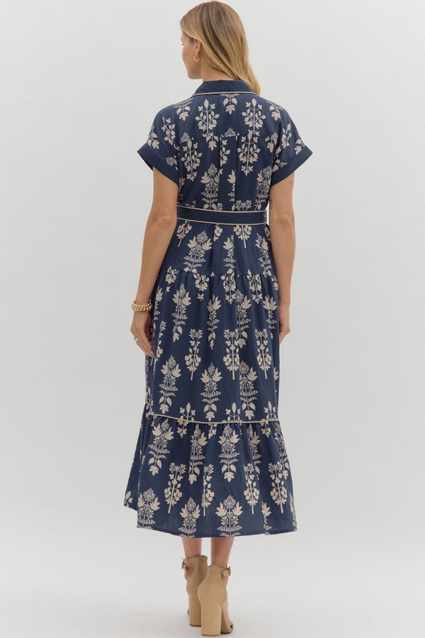 Navy Botanical Midi Dress