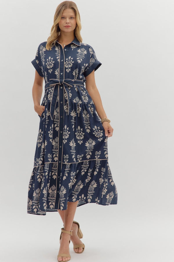 Navy Botanical Midi Dress