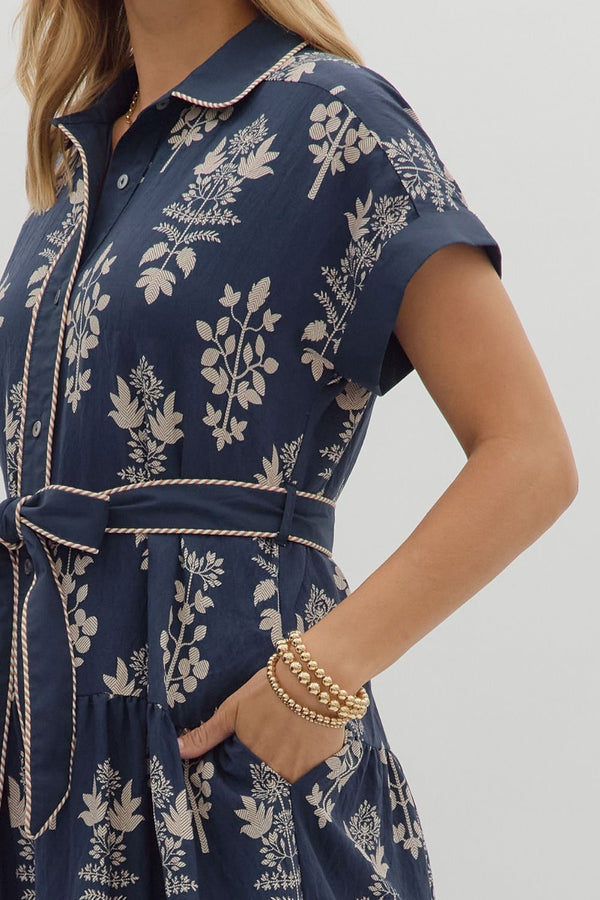 Navy Botanical Midi Dress