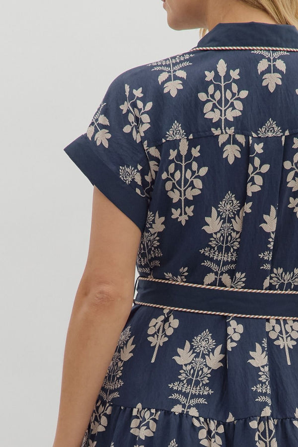 Navy Botanical Midi Dress