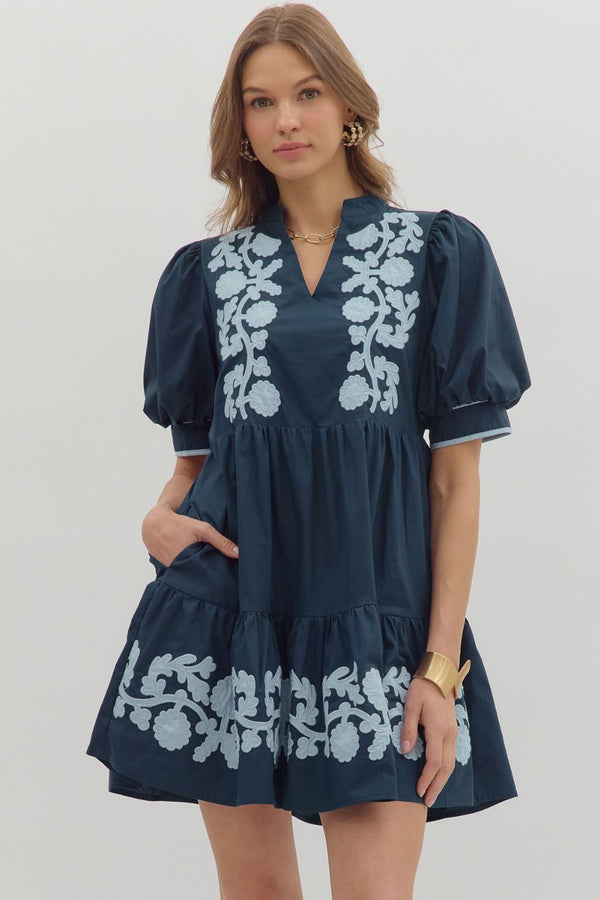 Navy Short Puff Sleeve Mini Dress