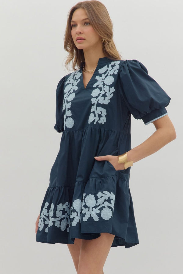 Navy Short Puff Sleeve Mini Dress