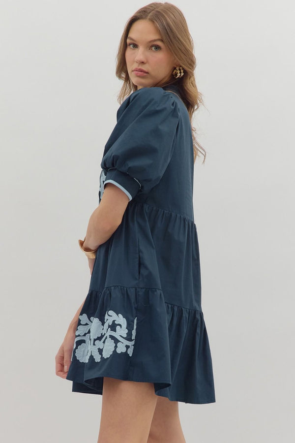 Navy Short Puff Sleeve Mini Dress