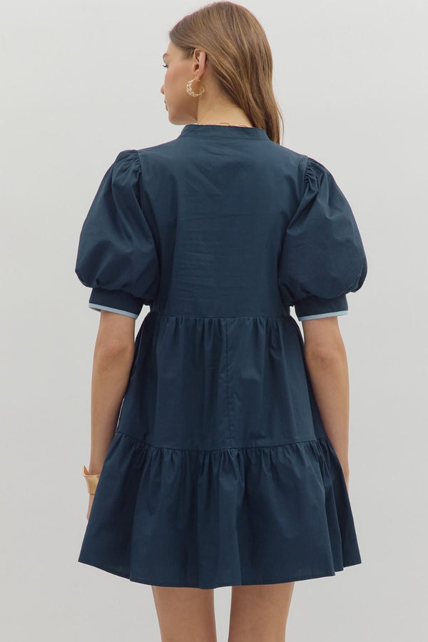 Navy Short Puff Sleeve Mini Dress