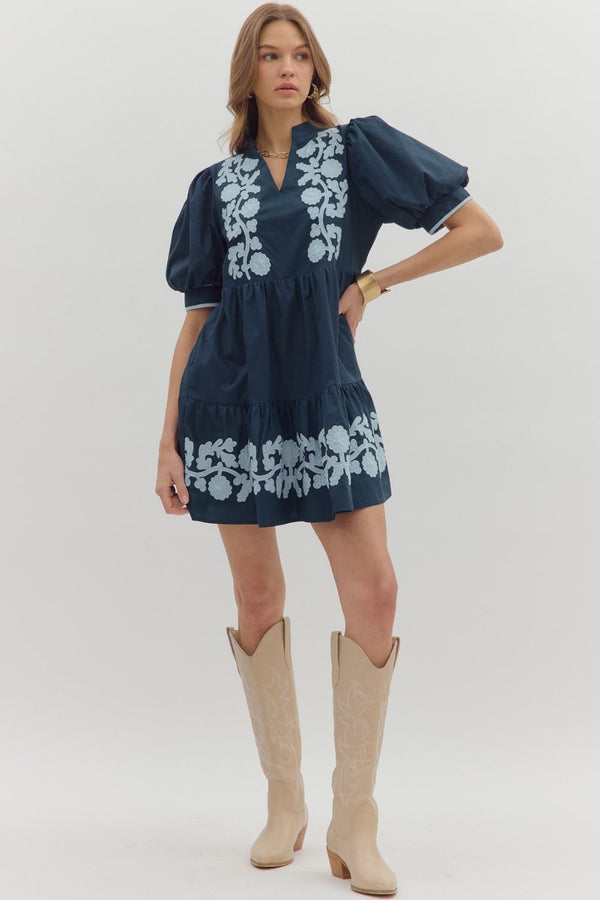 Navy Short Puff Sleeve Mini Dress