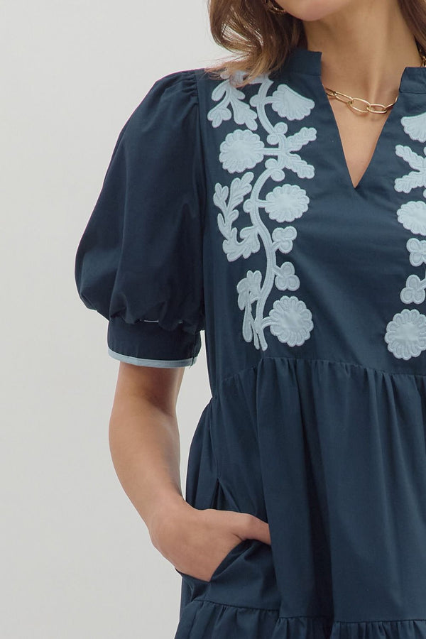 Navy Short Puff Sleeve Mini Dress