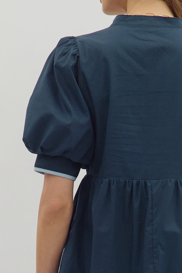 Navy Short Puff Sleeve Mini Dress