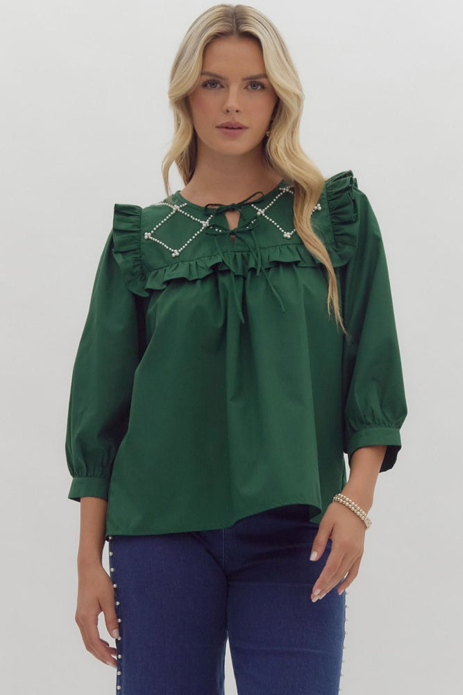 Hunter Green Top with Pearl Embellishments