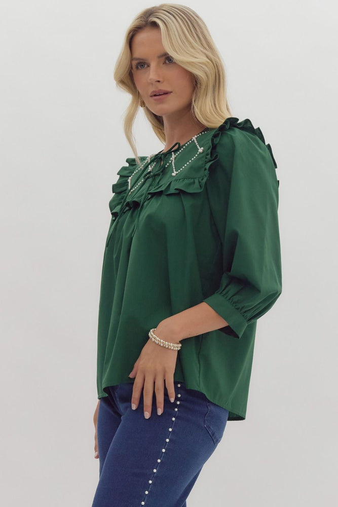 Hunter Green Top with Pearl Embellishments