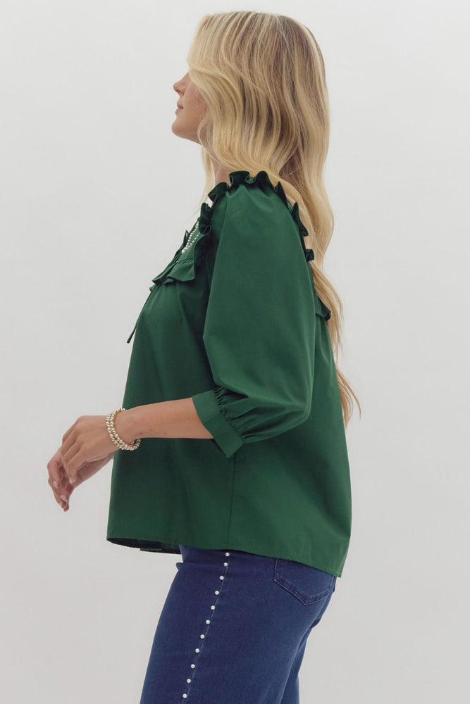 Hunter Green Top with Pearl Embellishments