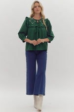 Hunter Green Top with Pearl Embellishments