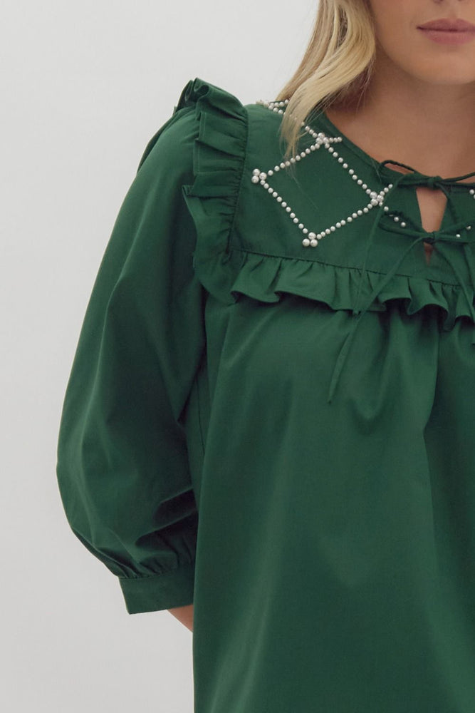 Hunter Green Top with Pearl Embellishments