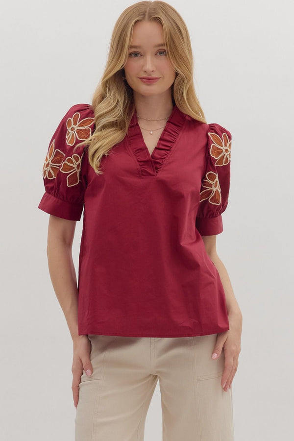 Embroidered Accent Short Puff Sleeve Burgundy