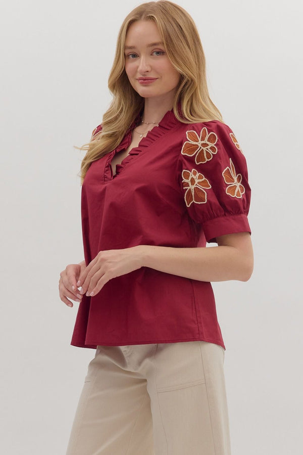 Embroidered Accent Short Puff Sleeve Burgundy